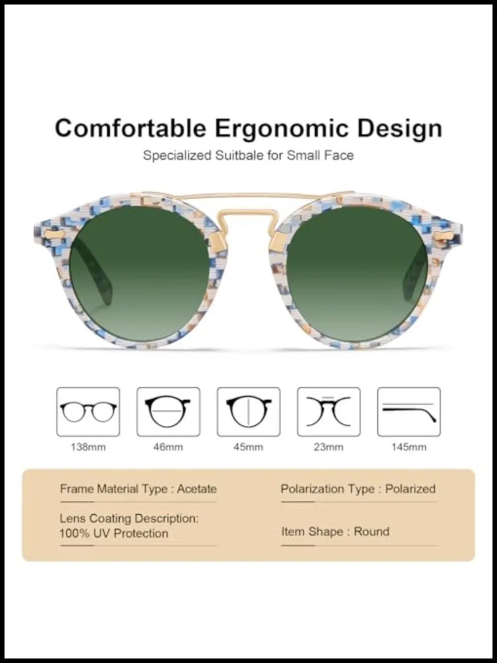 Small Face Acetate Double Bridge Sunglasses Polarized UV Protection